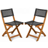 Set of 2 Outdoor Folding PE Rattan Chairs with Acacia Wood Frame for Porch Balcony Fully Assembled