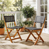 Set of 2 Outdoor Folding PE Rattan Chairs with Acacia Wood Frame for Porch Balcony Fully Assembled