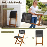 Set of 2 Outdoor Folding PE Rattan Chairs with Acacia Wood Frame for Porch Balcony Fully Assembled