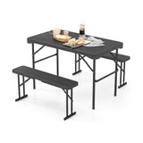 Outdoor Folding Table Bench Set w All-Weather HDPE Tabletop and Sturdy Metal Frame-Black
