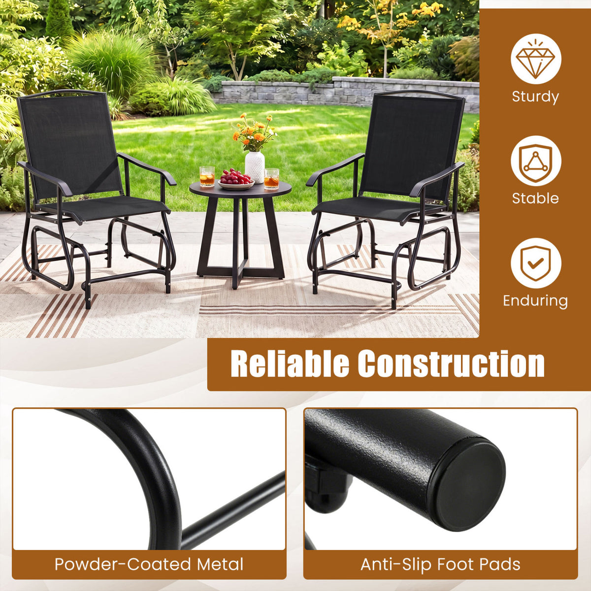 Outdoor Glider Chair with Metal Frame and Armrests