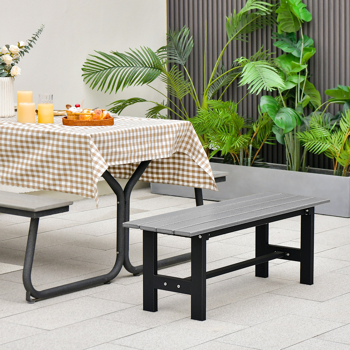 47 Inch Outdoor Chair with Slatted Seat Plastic Coated Iron Frame
