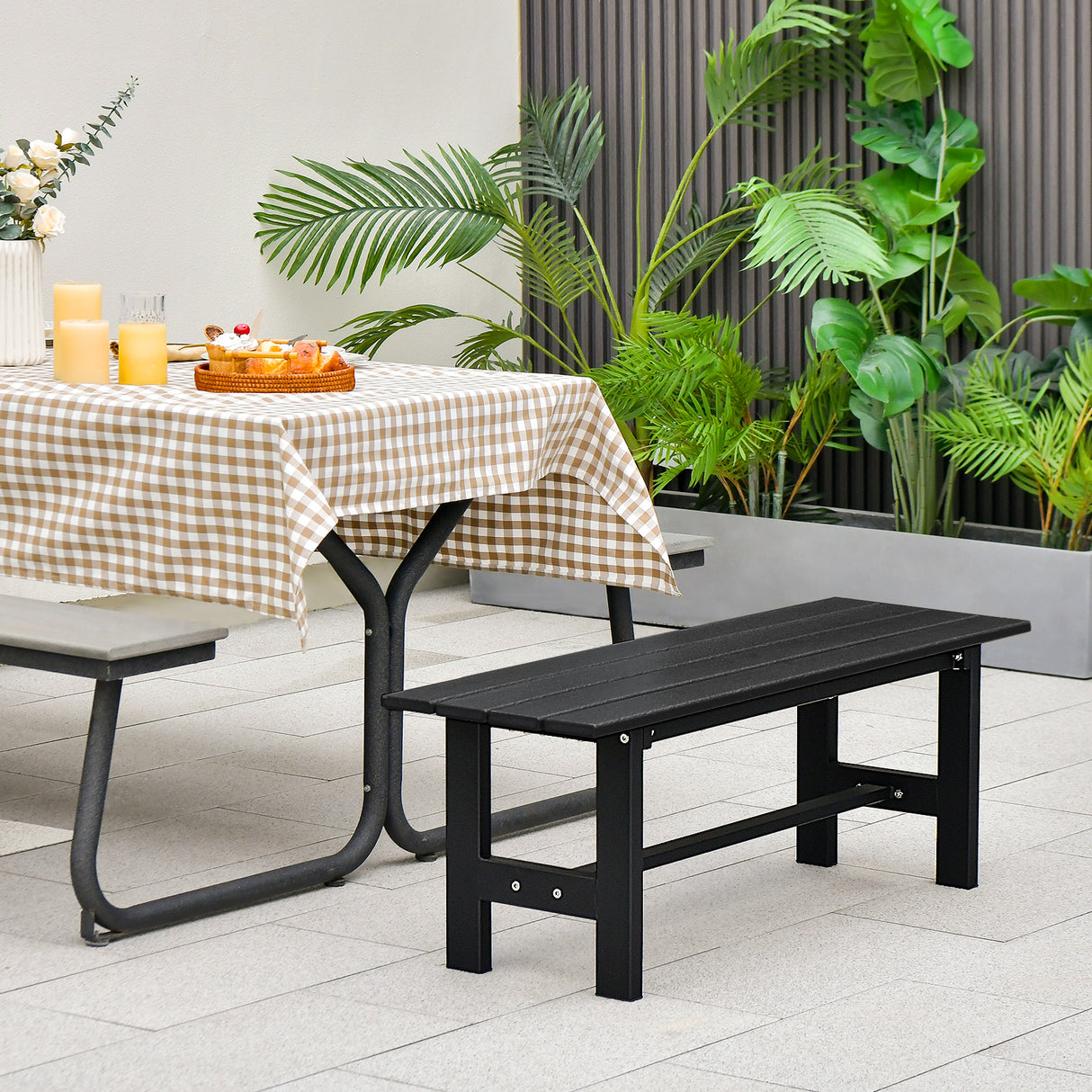 47 Inch Outdoor Chair with Slatted Seat Plastic Coated Iron Frame