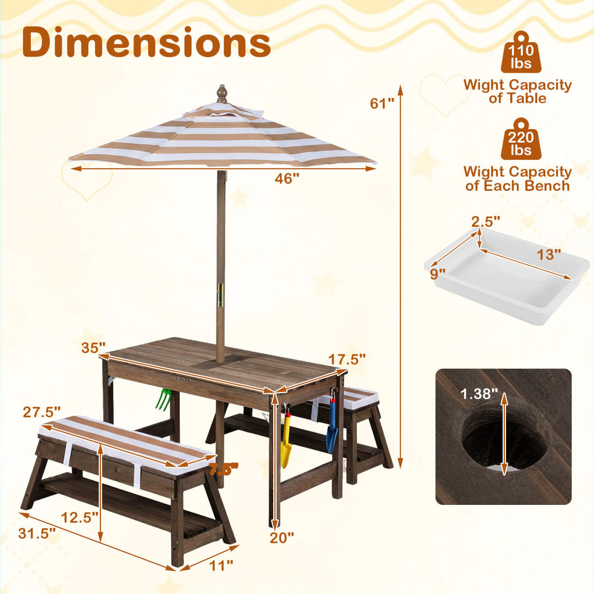 Outdoor Kids Wooden Picnic Table and Benches Set with Umbrella