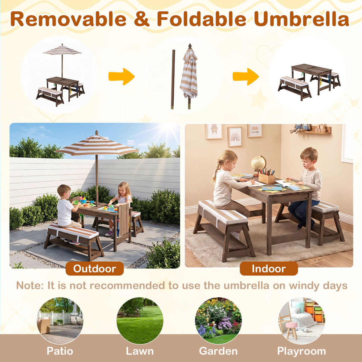Outdoor Kids Wooden Picnic Table and Benches Set with Umbrella