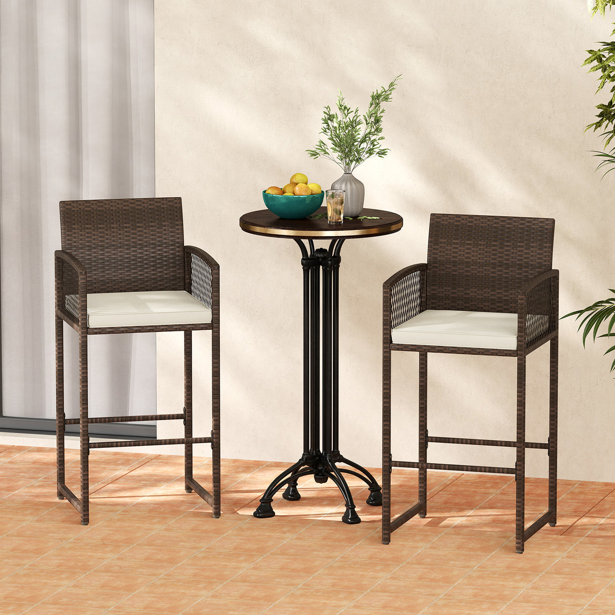 Outdoor PE Wicker Bar Stools Set of 2 Patio Bar Height Chairs with Cushions-White
