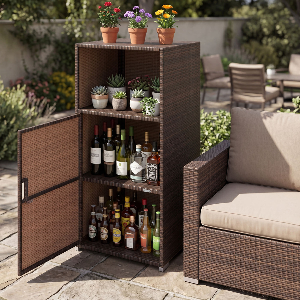 Outdoor PE Wicker Storage Cabinet with Door and Open Compartment for Patio