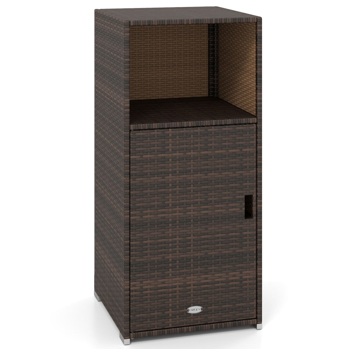 Outdoor PE Wicker Storage Cabinet with Door and Open Compartment for Patio