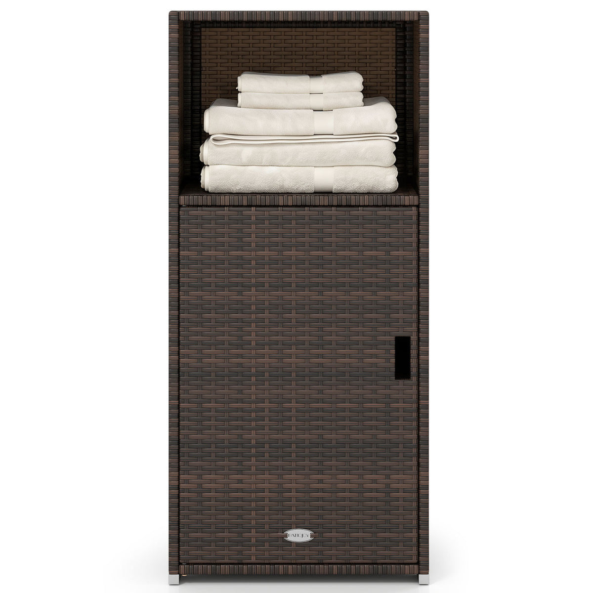 Outdoor PE Wicker Storage Cabinet with Door and Open Compartment for Patio