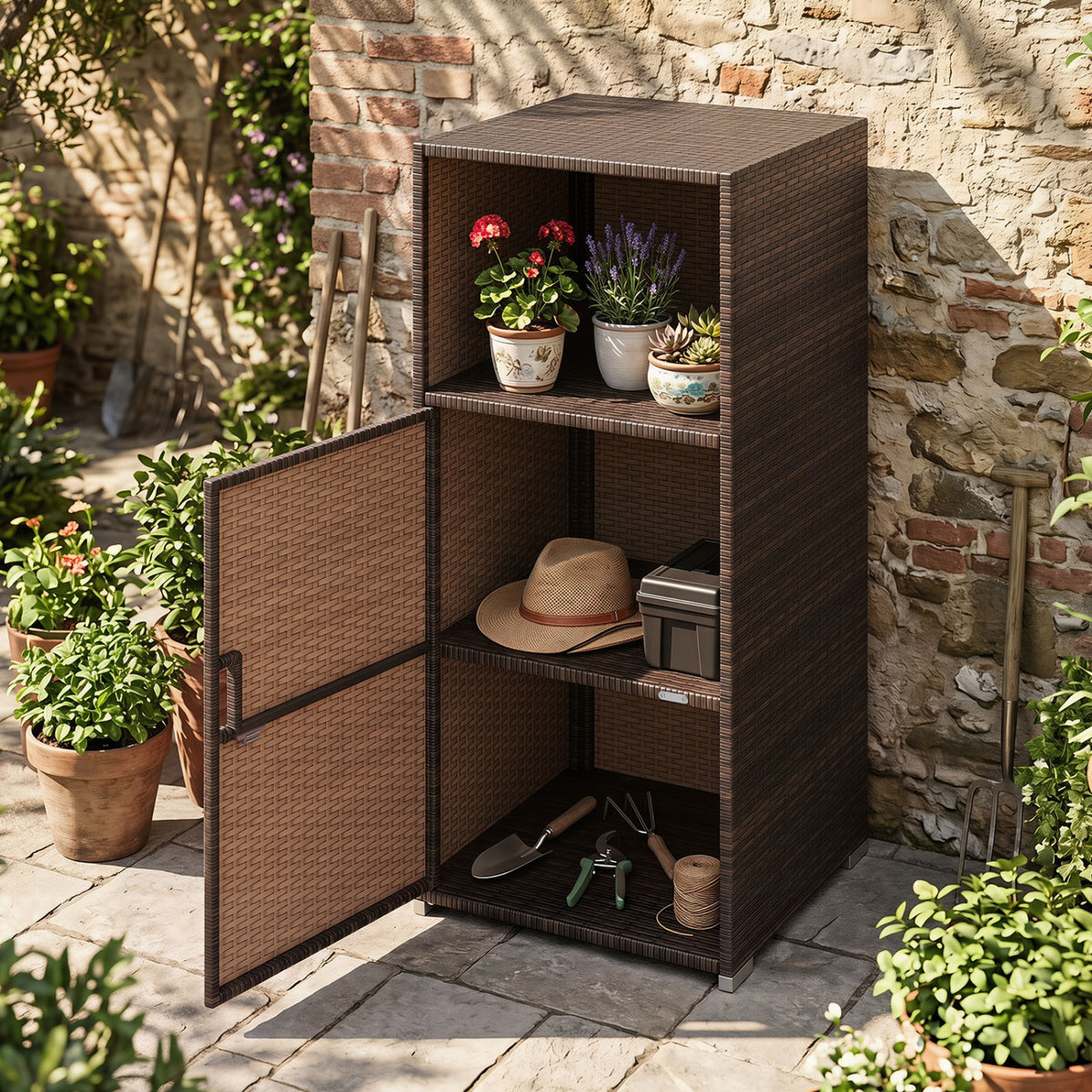 Outdoor PE Wicker Storage Cabinet with Door and Open Compartment for Patio