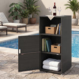 Outdoor PE Wicker Storage Cabinet with Door and Open Compartment for Patio