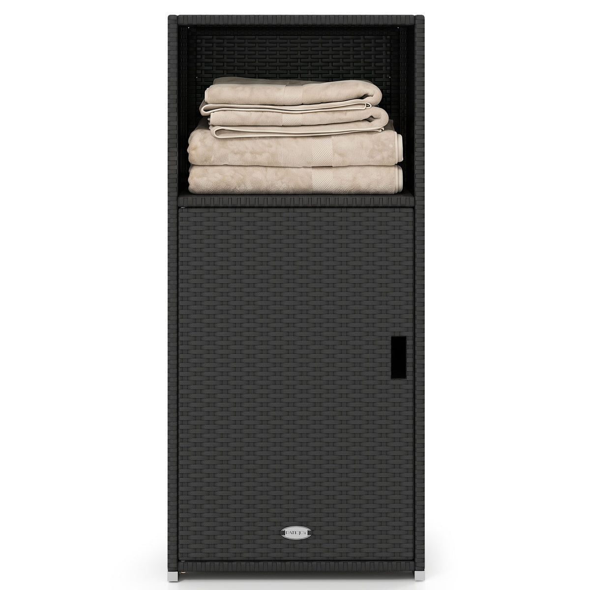 Outdoor PE Wicker Storage Cabinet with Door and Open Compartment for Patio