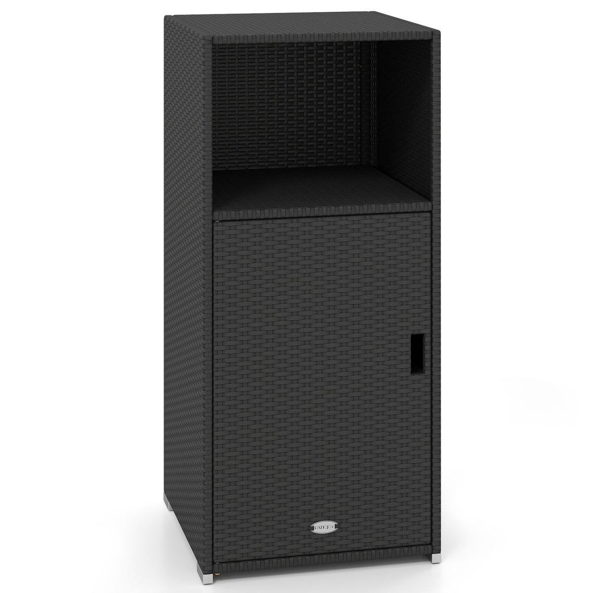 Outdoor PE Wicker Storage Cabinet with Door and Open Compartment for Patio