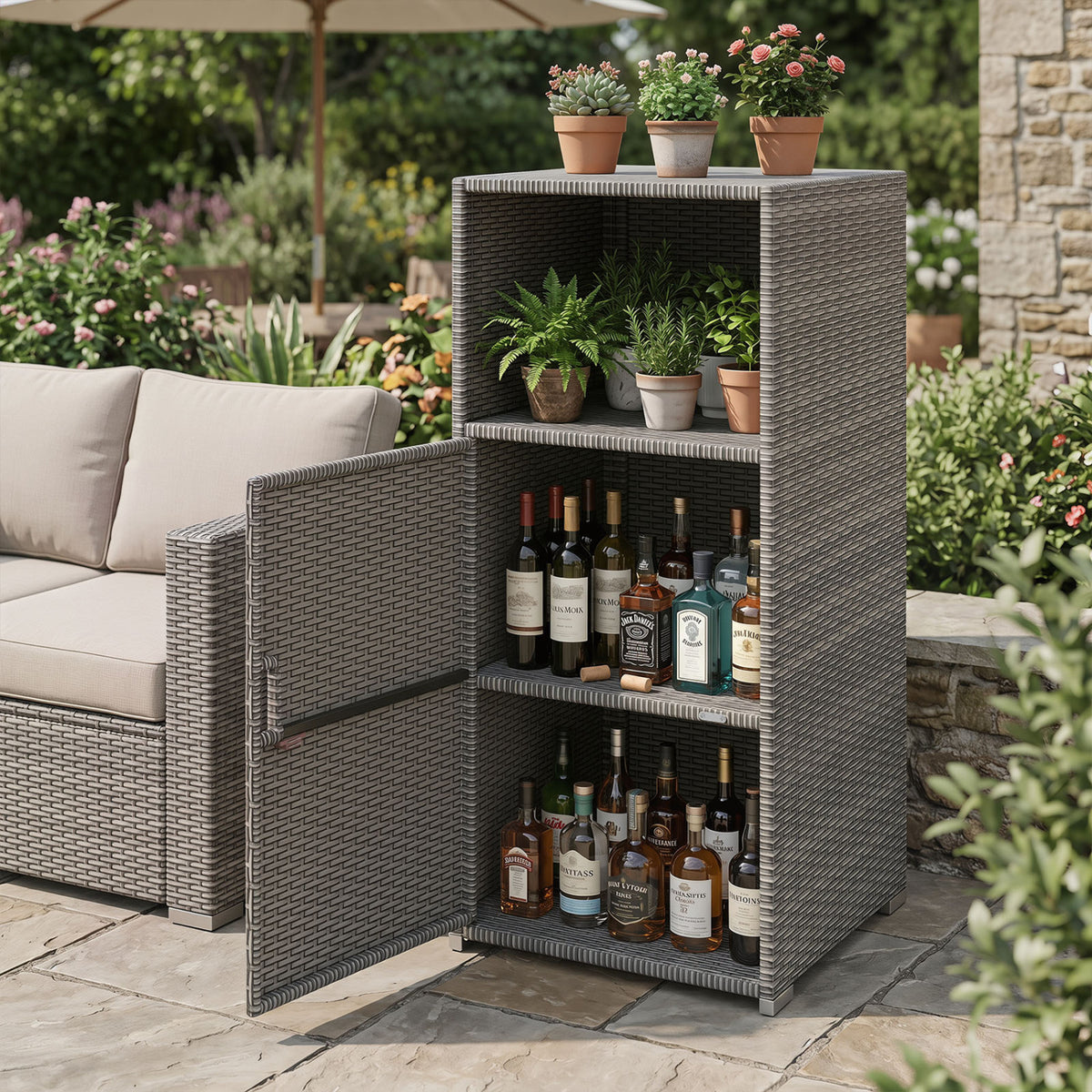 Outdoor PE Wicker Storage Cabinet with Door and Open Compartment for Patio