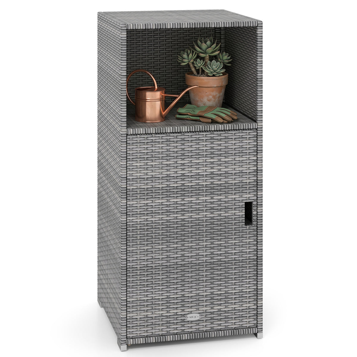 Outdoor PE Wicker Storage Cabinet with Door and Open Compartment for Patio