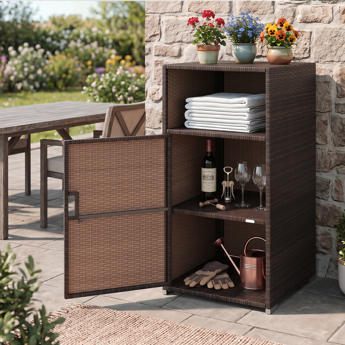 Outdoor PE Wicker Storage Cabinet with Door and Open Compartment for Patio