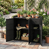 Outdoor PE Wicker Storage Cabinet with 3 Doors and Adjustable Shelves and Drawer