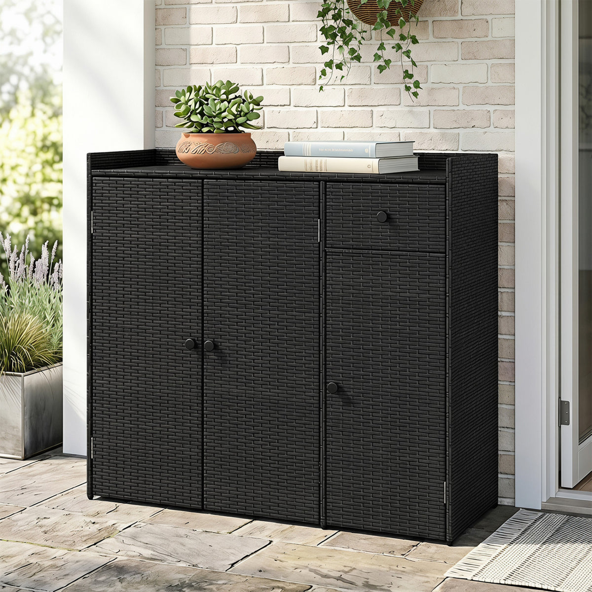 Outdoor PE Wicker Storage Cabinet with 3 Doors and Adjustable Shelves and Drawer