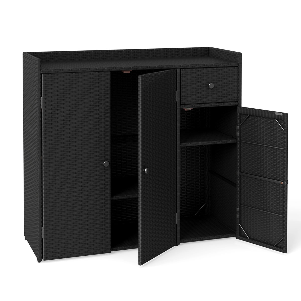 Outdoor PE Wicker Storage Cabinet with 3 Doors and Adjustable Shelves and Drawer