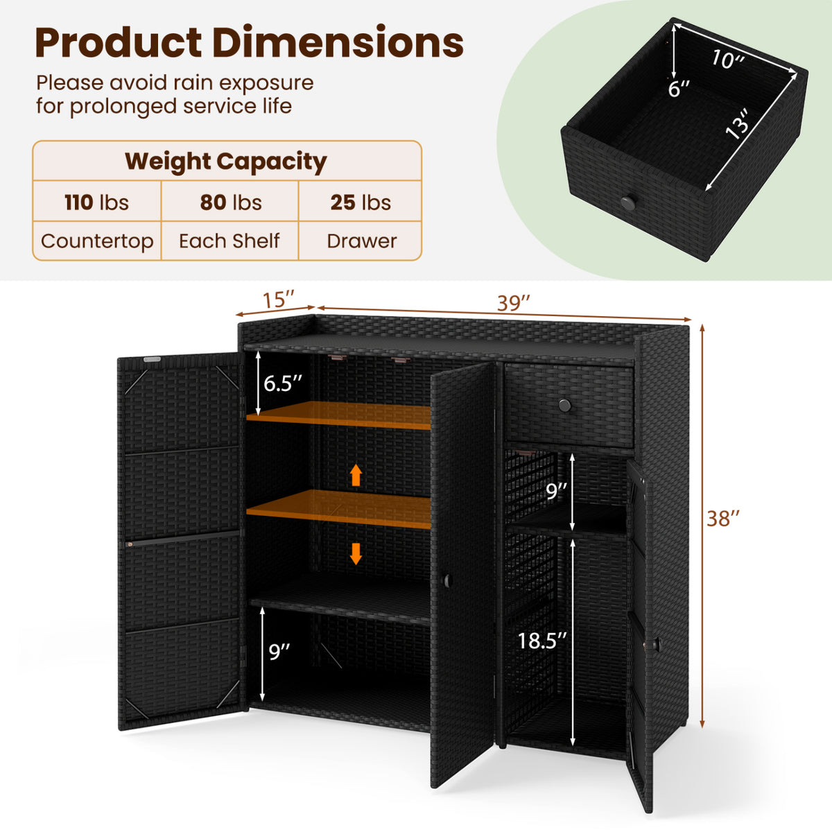 Outdoor PE Wicker Storage Cabinet with 3 Doors and Adjustable Shelves and Drawer