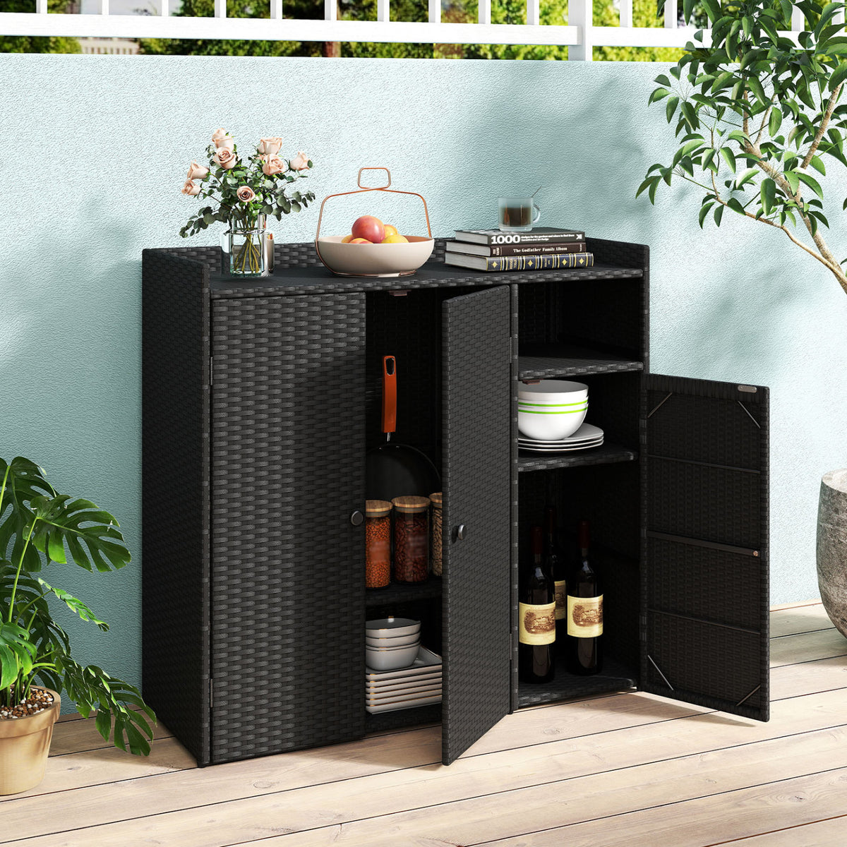 Outdoor PE Wicker Storage Cabinet with 3 Doors and Adjustable Shelves and Drawer