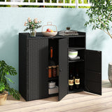 Outdoor PE Wicker Storage Cabinet with 3 Doors and Adjustable Shelves and Drawer