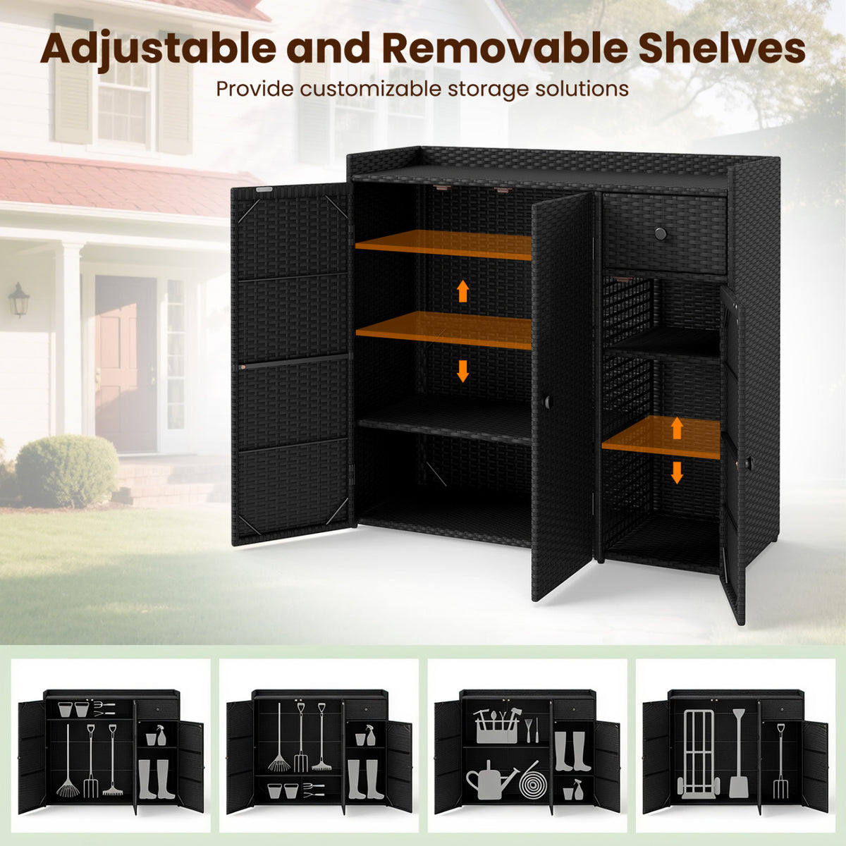 Outdoor PE Wicker Storage Cabinet with 3 Doors and Adjustable Shelves and Drawer