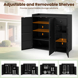 Outdoor PE Wicker Storage Cabinet with 3 Doors and Adjustable Shelves and Drawer
