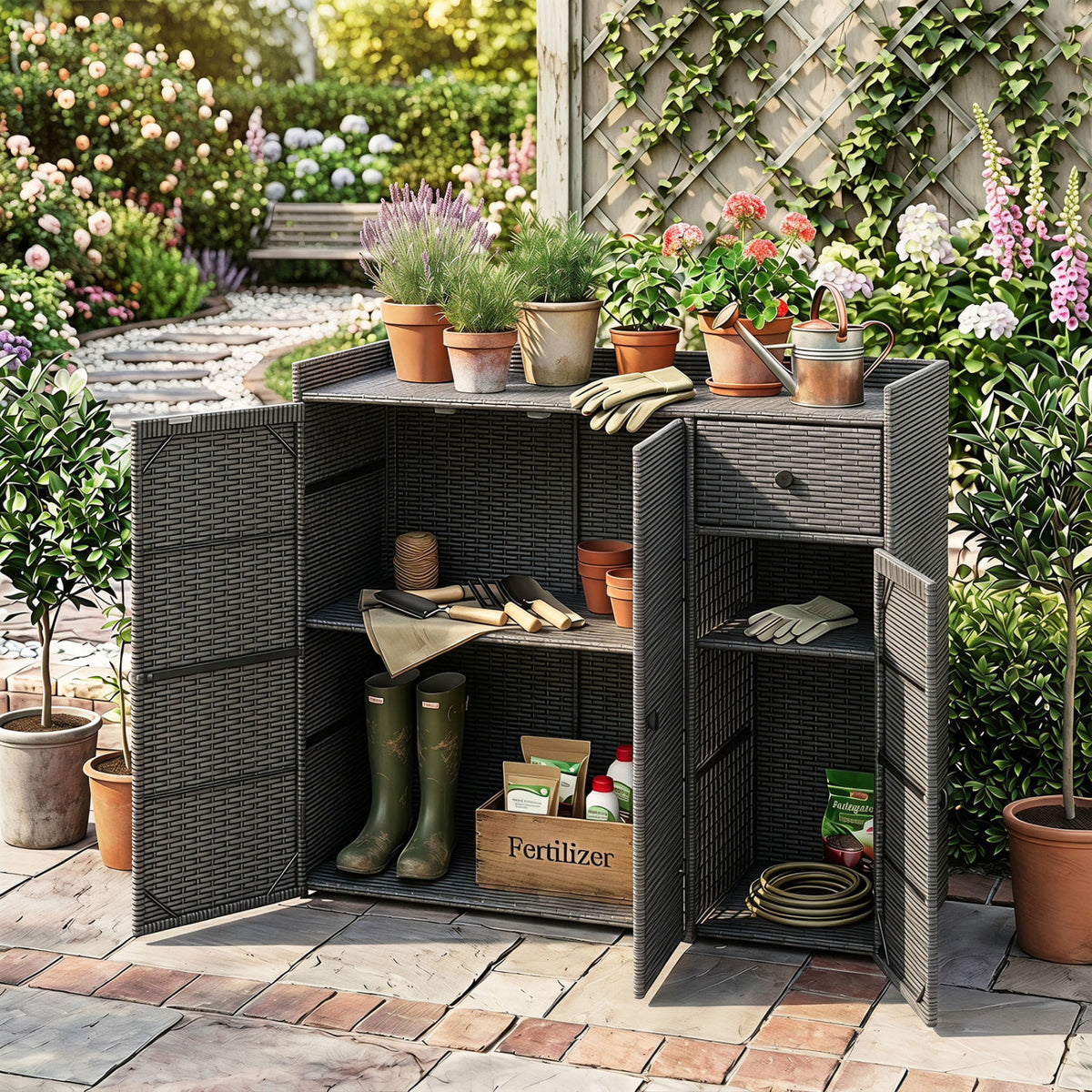 Outdoor PE Wicker Storage Cabinet with 3 Doors and Adjustable Shelves and Drawer