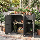 Outdoor PE Wicker Storage Cabinet with 3 Doors and Adjustable Shelves and Drawer
