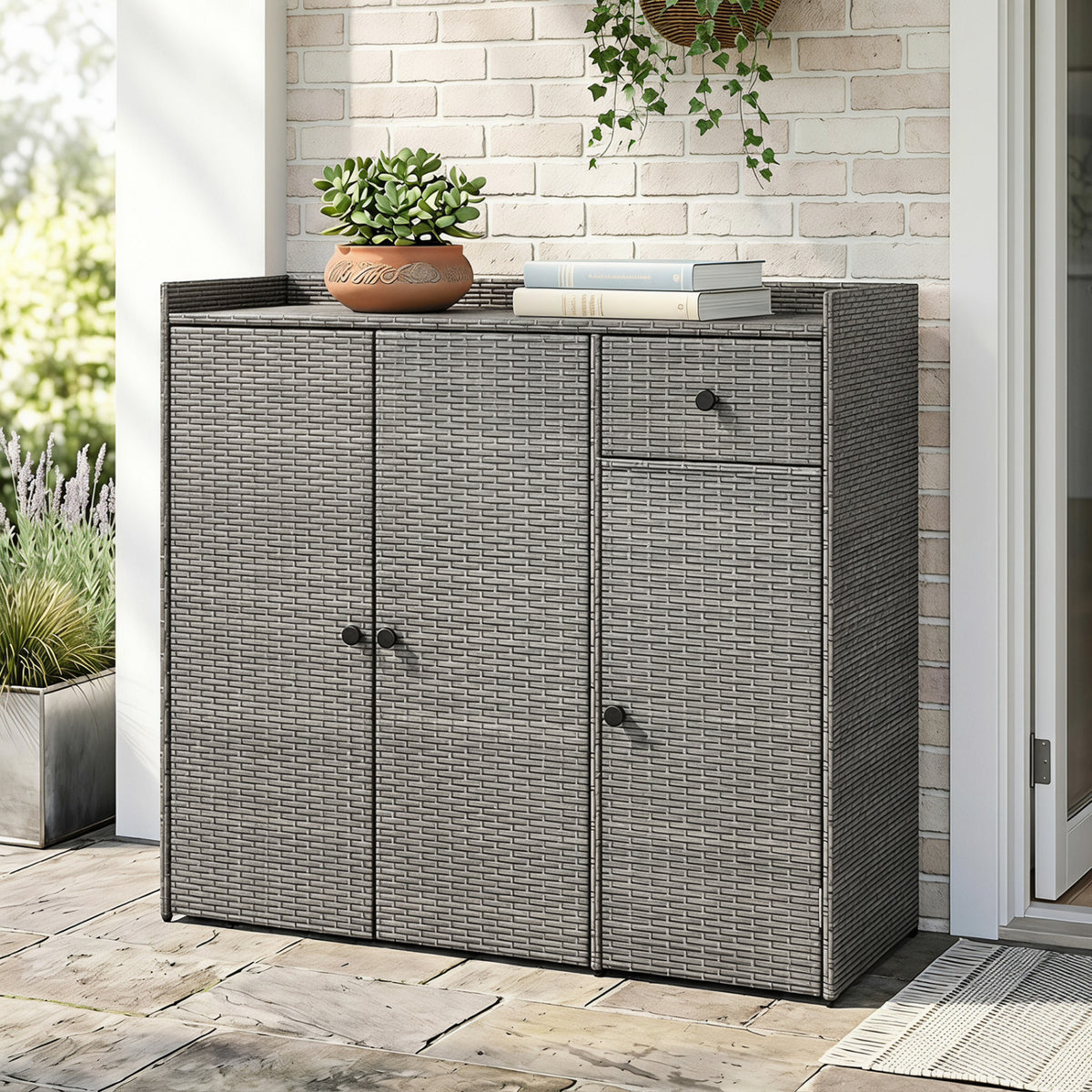 Outdoor PE Wicker Storage Cabinet with 3 Doors and Adjustable Shelves and Drawer