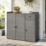Outdoor PE Wicker Storage Cabinet with 3 Doors and Adjustable Shelves and Drawer