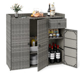 Outdoor PE Wicker Storage Cabinet with 3 Doors and Adjustable Shelves and Drawer