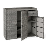 Outdoor PE Wicker Storage Cabinet with 3 Doors and Adjustable Shelves and Drawer