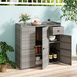 Outdoor PE Wicker Storage Cabinet with 3 Doors and Adjustable Shelves and Drawer