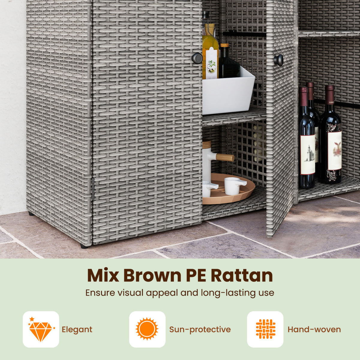 Outdoor PE Wicker Storage Cabinet with 3 Doors and Adjustable Shelves and Drawer