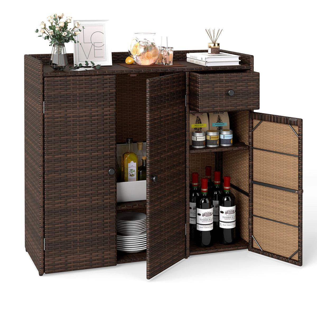 Outdoor PE Wicker Storage Cabinet with 3 Doors and Adjustable Shelves and Drawer