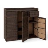 Outdoor PE Wicker Storage Cabinet with 3 Doors and Adjustable Shelves and Drawer