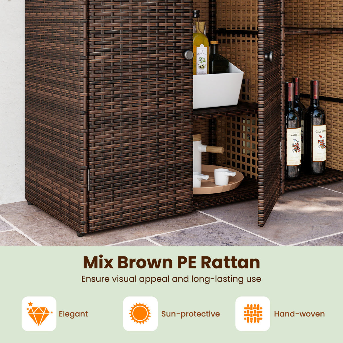 Outdoor PE Wicker Storage Cabinet with 3 Doors and Adjustable Shelves and Drawer