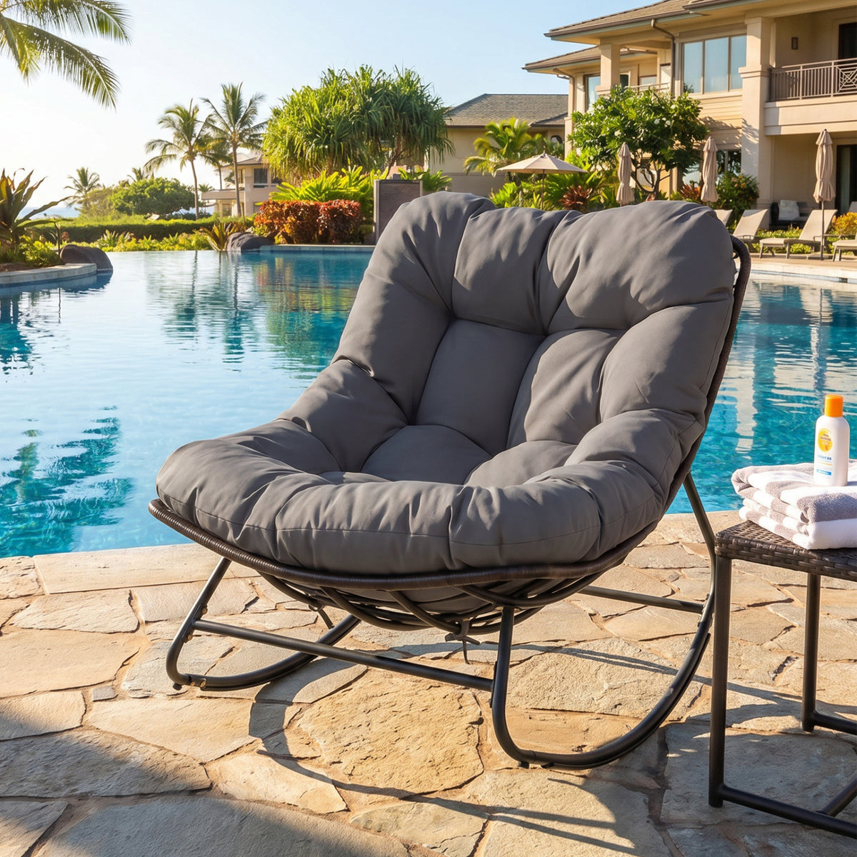 Outdoor Papasan Rocking Chair with Thick Cushion and Pads