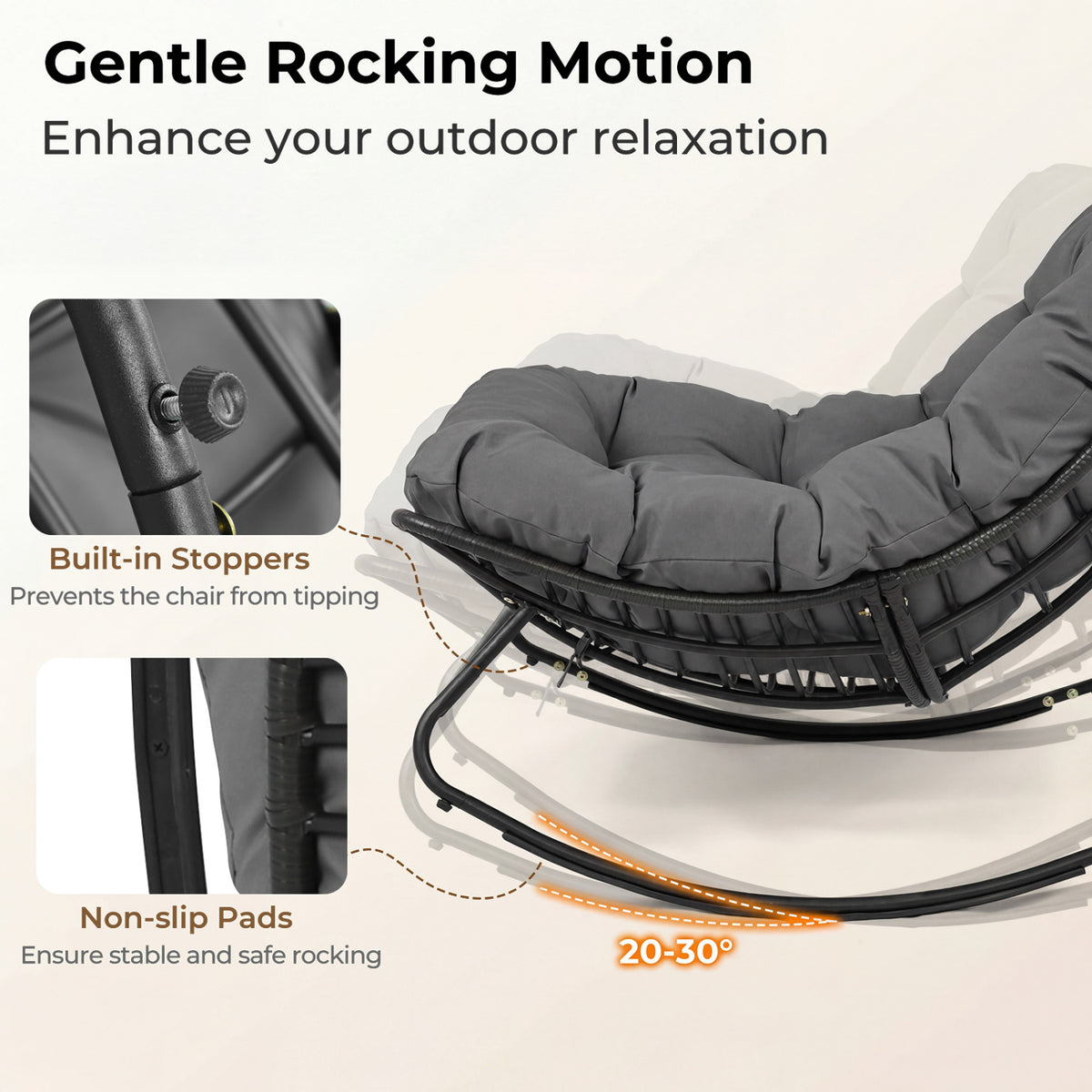 Outdoor Papasan Rocking Chair with Thick Cushion and Pads