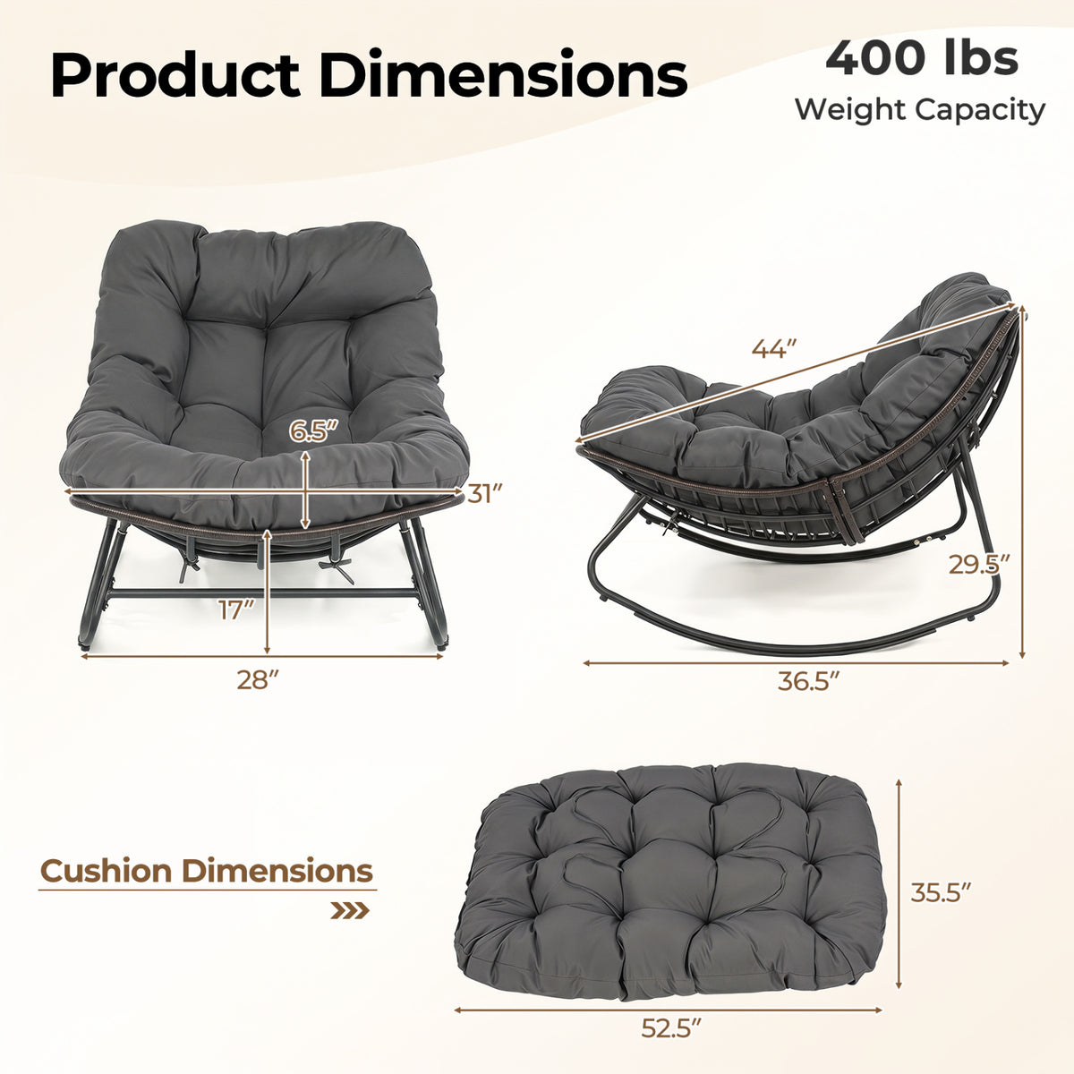 Outdoor Papasan Rocking Chair with Thick Cushion and Pads