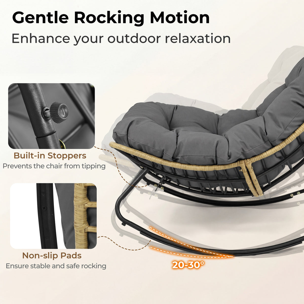 Outdoor Papasan Rocking Chair with Thick Cushioned Seat for Patio-Gray