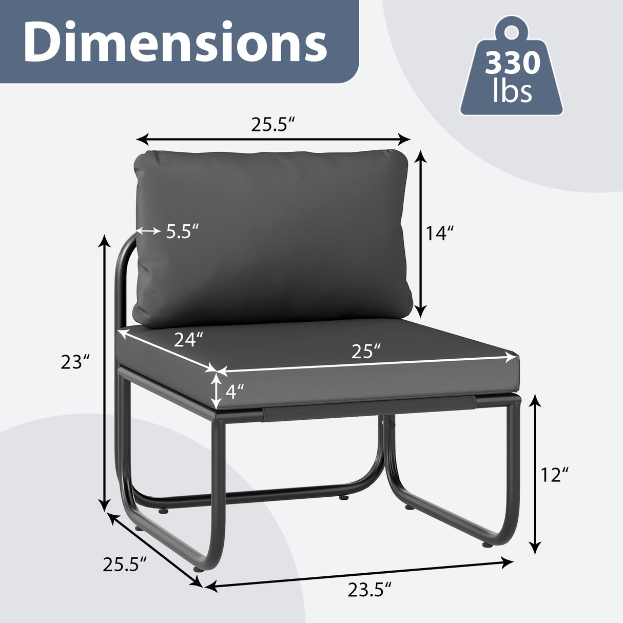 Outdoor Patio Chairs Set of 2 with Removable Cushions and Adjustable Foot Pads-Gray