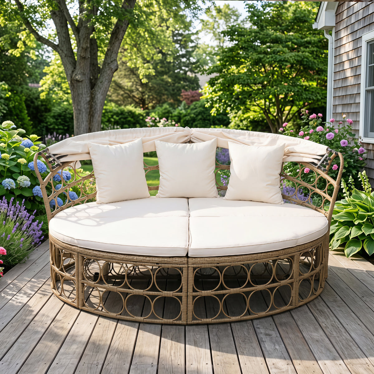 Outdoor Patio Daybed with Retractable Canopy and Cushions Yellow Wicker Rattan Furniture Set-White