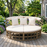 Outdoor Patio Daybed with Retractable Canopy and Cushions Yellow Wicker Rattan Furniture Set-White