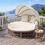 Outdoor Patio Daybed with Retractable Canopy and Cushions Yellow Wicker Rattan Furniture Set-White