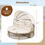 Outdoor Patio Daybed with Retractable Canopy and Cushions Yellow Wicker Rattan Furniture Set-White