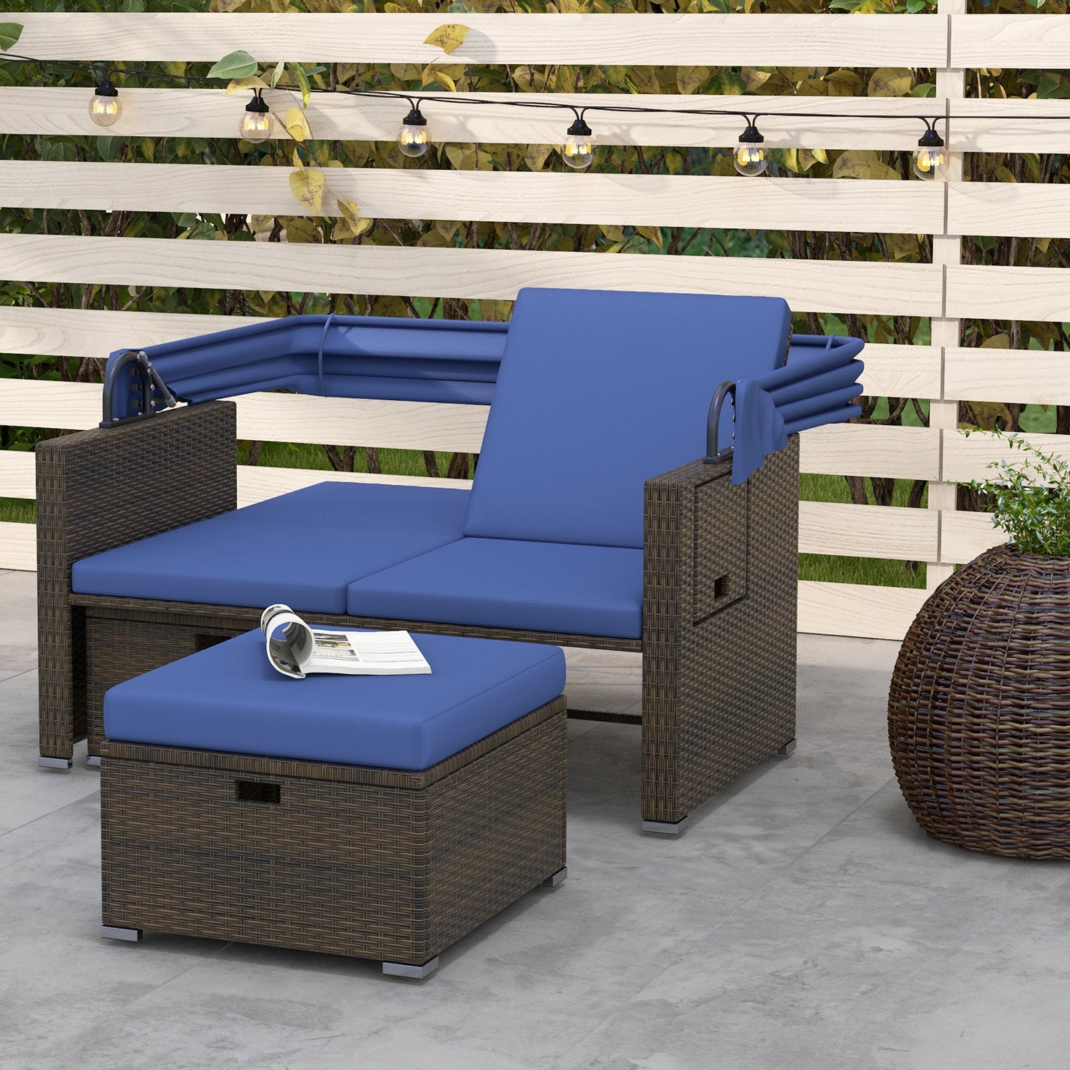 Outdoor Patio Rattan Daybed with Retractable Canopy and Adjustable Backrests