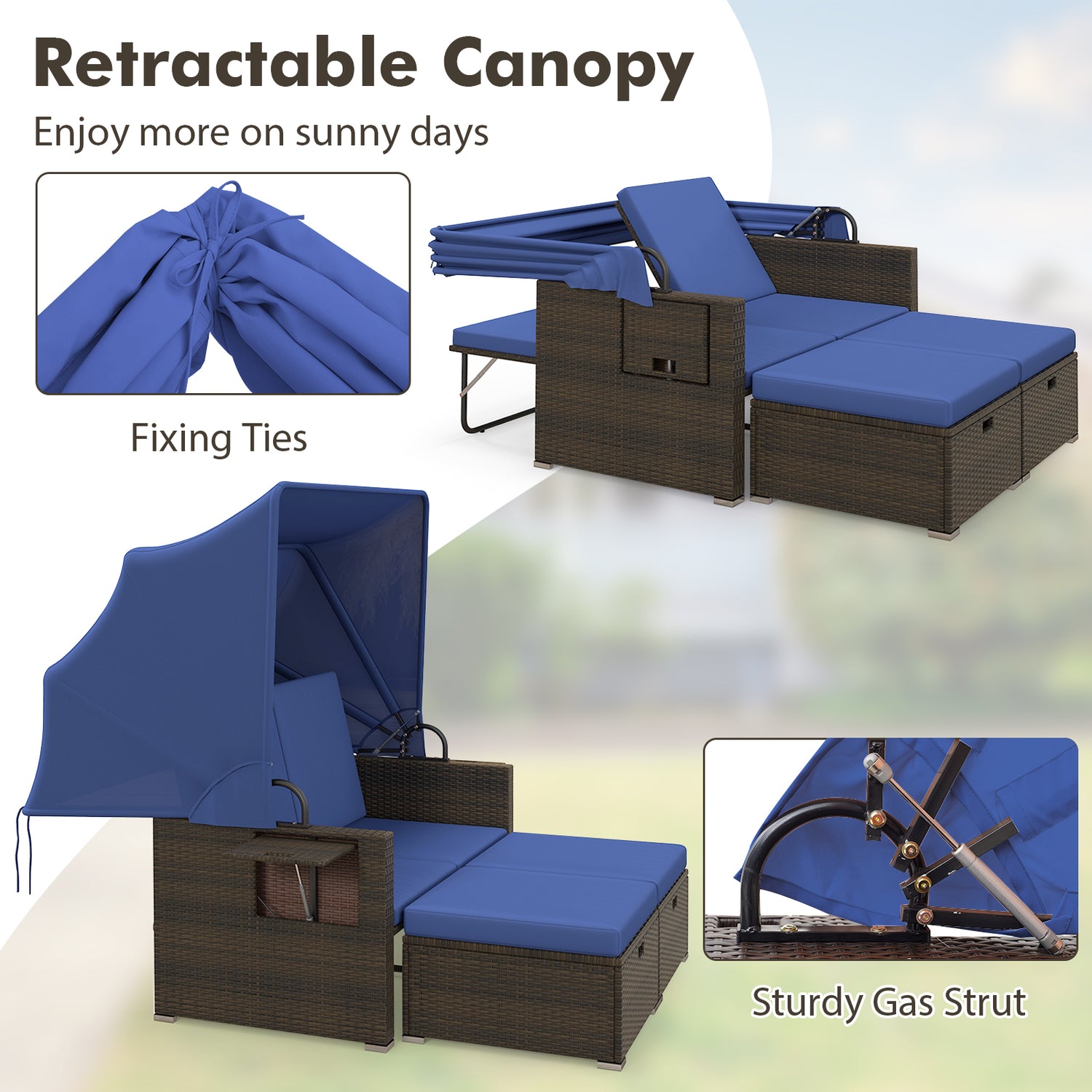 Outdoor Patio Rattan Daybed with Retractable Canopy and Adjustable Backrests